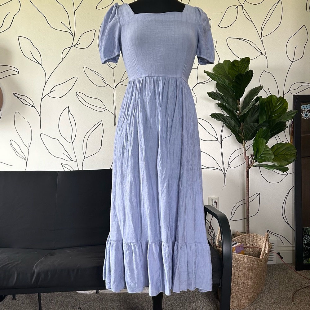 Square Neck Blue Midi Dress